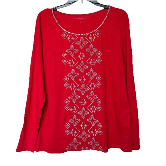 Coldwater Creek Top XL Red Cotton Snowflake Tee Long Sleeve Embroidered NWT - Picture 1 of 8